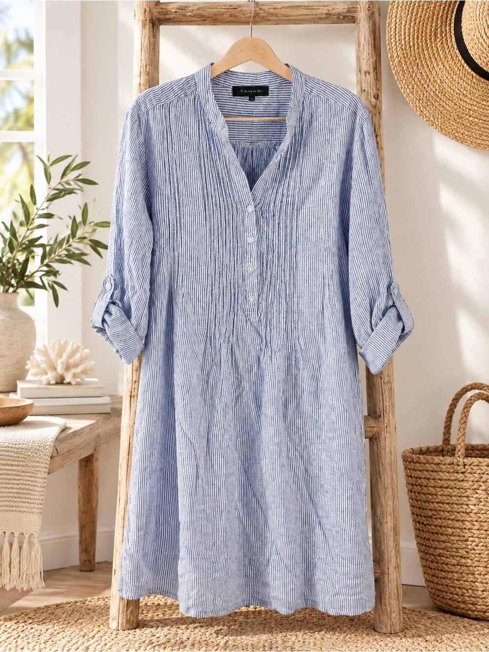 Tahari Blue White Striped Linen Blend Tunic Shirt Dress Size S Relaxed Fit